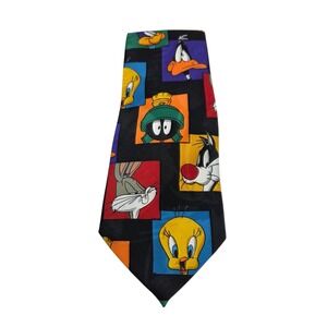 Vintage 1999 Looney Tunes Mania Necktie Bugs Bunny Tweety Sylvester Black Tie